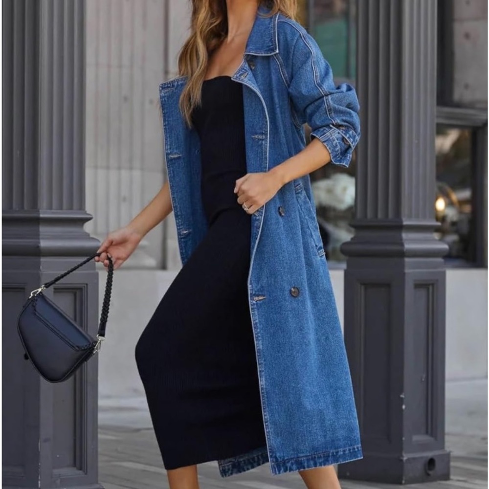 Blue oversized denim jean jacket belted women long midi cardigan
